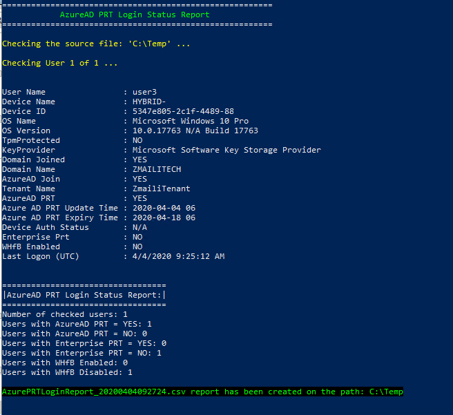 Screenshot showing AzurePRTLoginReport script
