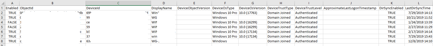 Screenshot showing Get-AADPendingDevices script CSV output